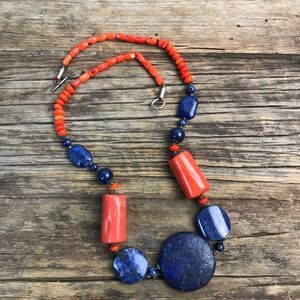 Gemstone Necklace Fire Coral and Lapis Blue Stone